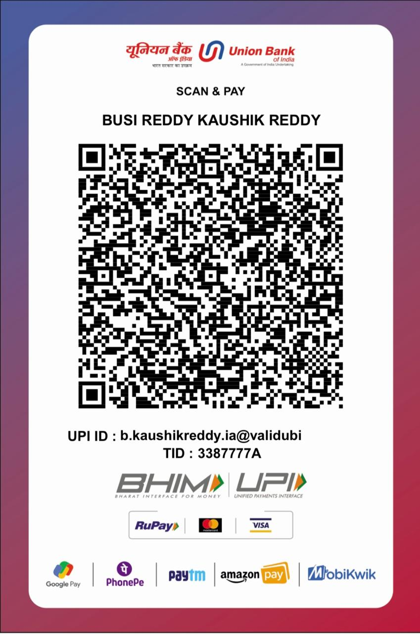 Union Bank of India advisory fee payment QR for BUSI REDDY KAUSHIK REDDY. UPI ID b.kaushikreddy.ia@validubi.